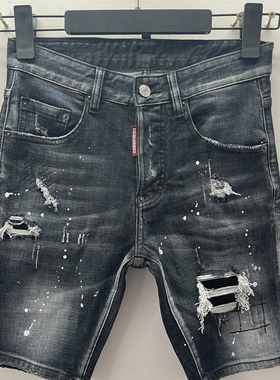 D611春夏新款D2潮男水洗磨破洞补丁字母印花修身黑色牛仔短裤男