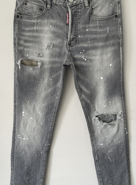 6067秋冬新款D2潮男水洗磨破洞补丁油漆立体裁剪小脚灰色牛仔裤男