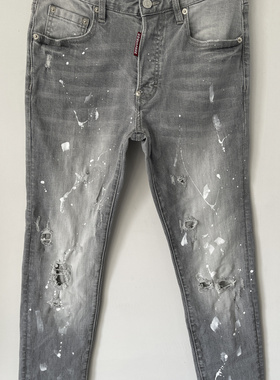 6068春夏新款D2潮男水洗磨破洞补丁油漆潮男小脚灰色牛仔裤男