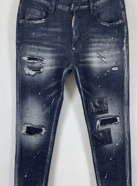 6096新款D2牛仔裤 时尚修身破洞补丁油漆破墨小脚拼接牛仔裤男