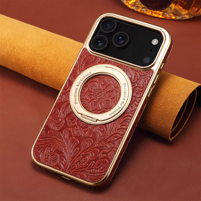 磁吸支架适用苹果17promax手机壳新款iphone16pro复古花纹15plus全包防摔14pm真皮保护套13高档商务男女外壳p