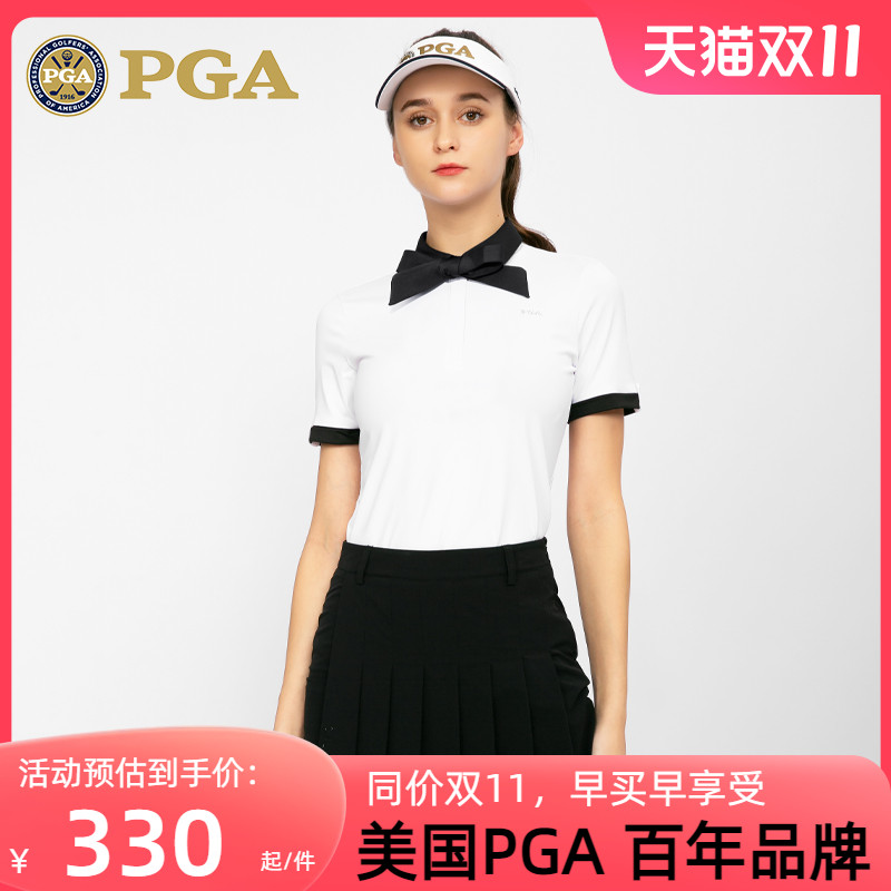 美国PGA 高尔夫女装套装夏季短袖T恤领口精致蝴蝶结运动面料服装