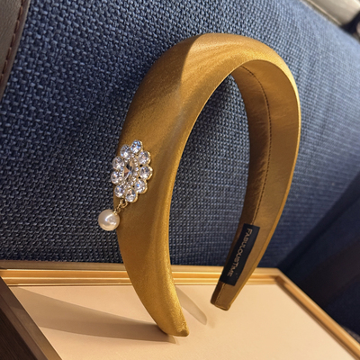 微光缎面黄色发箍珍珠吊坠