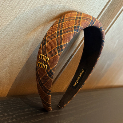 复古格纹min棕咖色布艺发箍