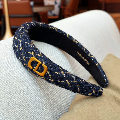 香奶奶藏青蓝色粗花呢金丝发箍