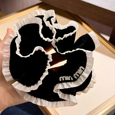 好嗲黑丝绒白色花边双层发圈