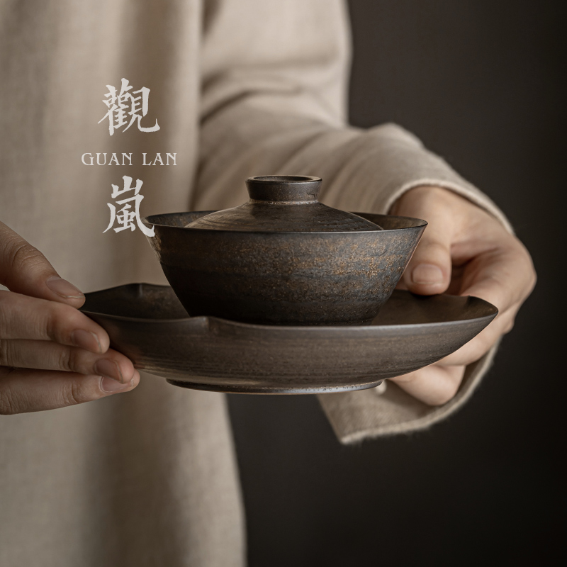观岚手工薄胎粗陶三才盖碗茶杯家用陶瓷泡茶碗防烫手抓碗功夫茶具