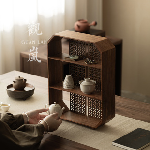 观岚重竹窗格镂空置物架茶具家用茶壶茶杯收纳柜茶室摆件茶道配件
