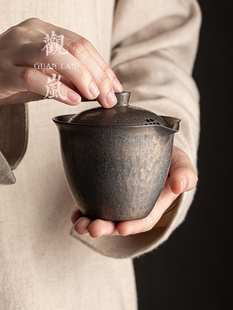观澜中国覆古粗陶盖碗彷古手工镀金手抓壶家用陶瓷茶碗功夫茶具