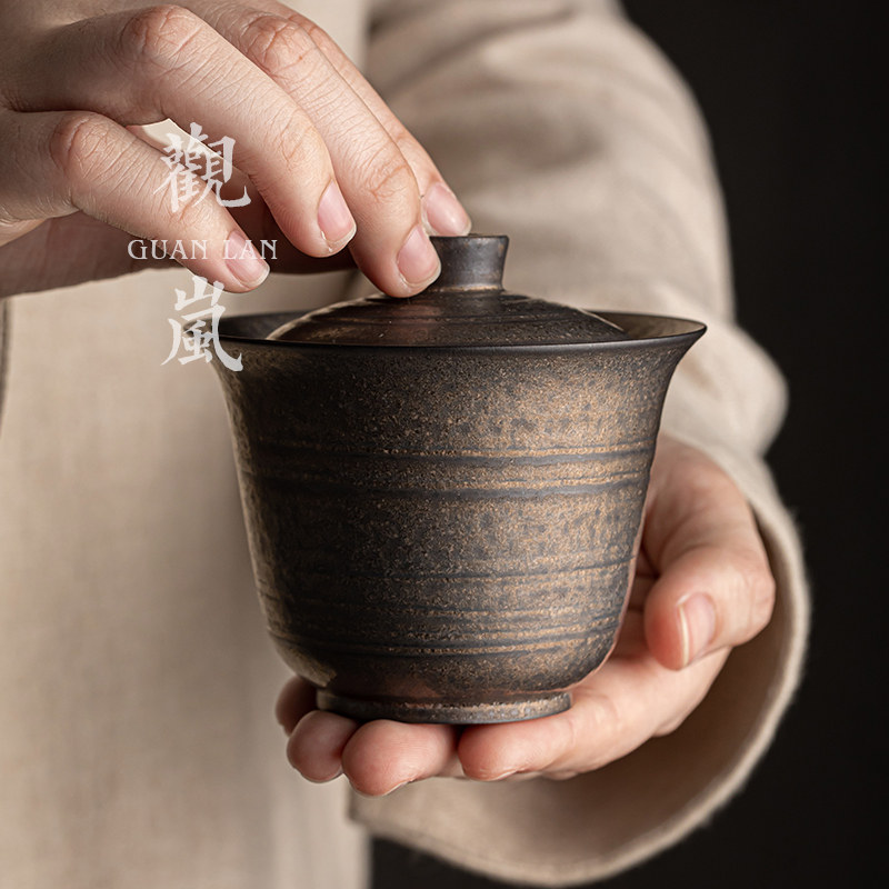 观岚鎏金铁锈釉粗陶三才盖碗手工陶瓷手抓茶杯防烫功夫茶具泡茶器,餐饮具,盖碗,淘宝优惠券,粉丝福利购,淘宝优惠卷