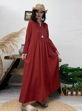2025秋季新款棉麻连衣裙小V领复古时尚宽松女士大裙摆圆领长款裙