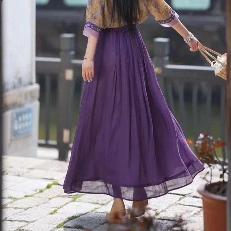 女苎麻百褶双层飘逸长款半身裙女2024夏季松紧腰拼接网纱裙