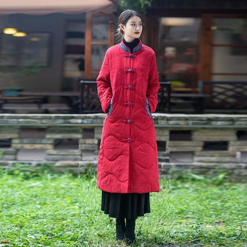 撞色盘扣中长款棉衣修身羽绒棉