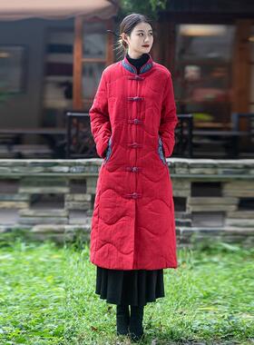 古韵梅冬季亚麻气质棉大衣立领刺绣开衫对襟盘扣中长款棉服外套