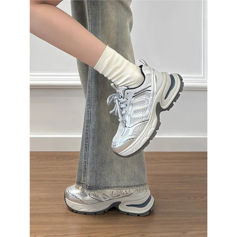 MK&DK真皮小个子银色老爹鞋女2025新款春秋季百搭网面休闲运动鞋