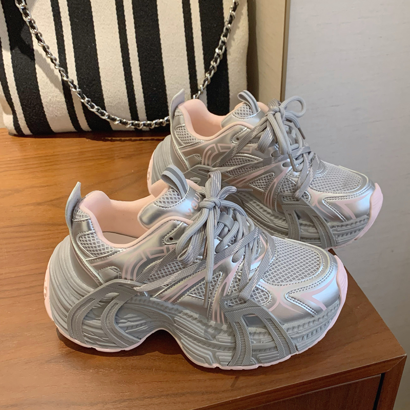 MK&DK香港真皮粉色厚底老爹鞋女2025新款春秋软底轻便休闲运动鞋