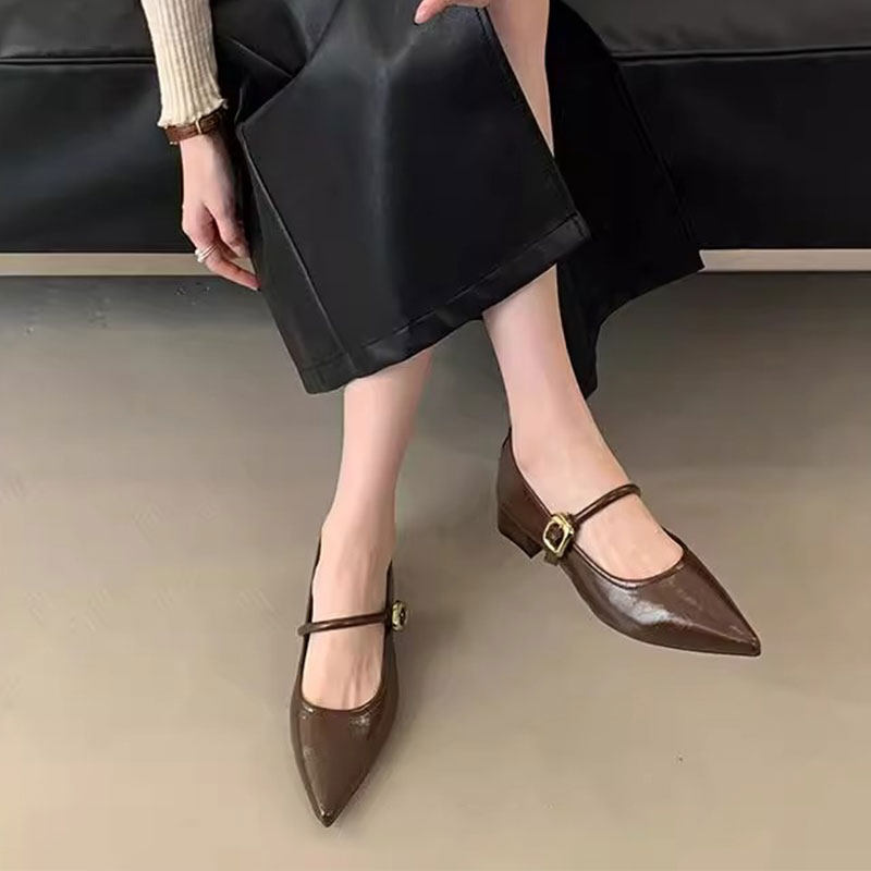 MK&DK香港真皮浅口单鞋女2025新款春秋季尖头粗跟一字扣玛丽珍鞋