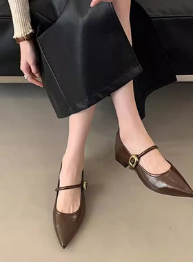 MK&DK香港真皮浅口单鞋女2025新款春秋季尖头粗跟一字扣玛丽珍鞋