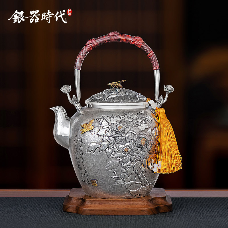 银器时代 非遗张家松纯银999烧水壶纯手工一张打国色天香煮水银壶