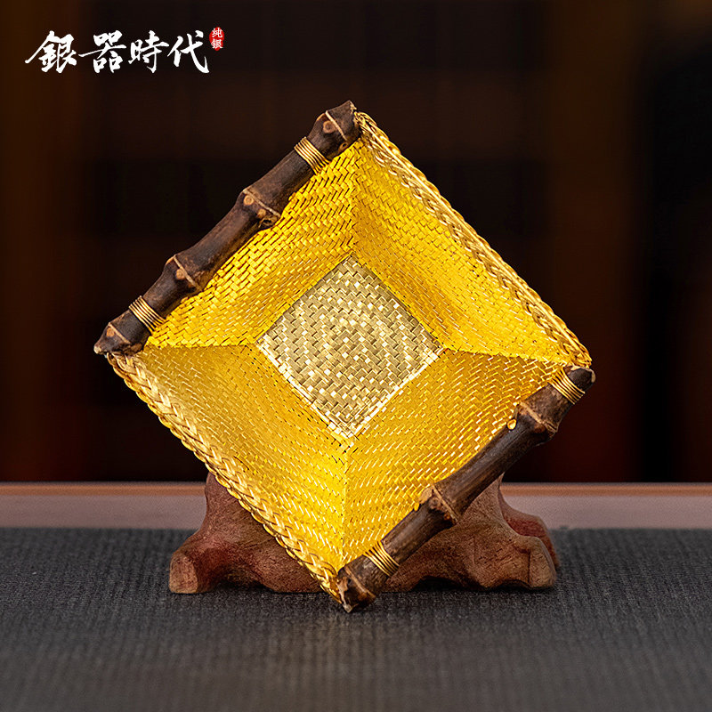 银器时代 纯银999茶漏四方漏斗茶滤茶道配件纯手工镀金茶叶过滤器