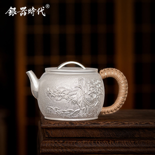 銀壺純銀999泡茶壺純手工松鶴延年經(jīng)典 銀器時(shí)代 寬口漢瓦銀茶壺