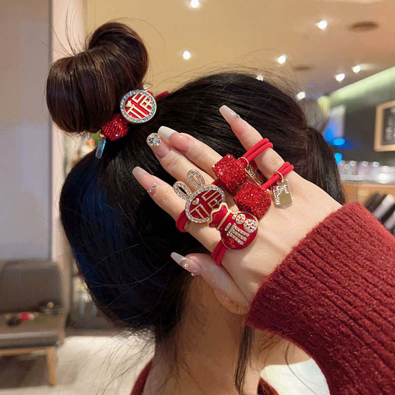 红色头绳中国风兔子丸子头发圈