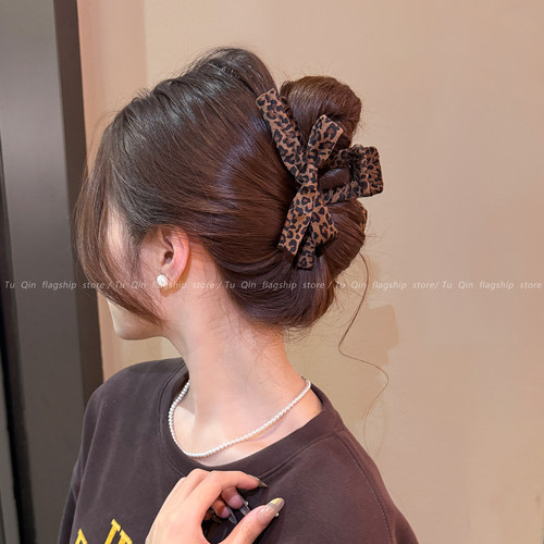 复古豹纹蝴蝶结头发抓夹女高级感后发夹脑勺盘发鲨鱼夹发量大发卡