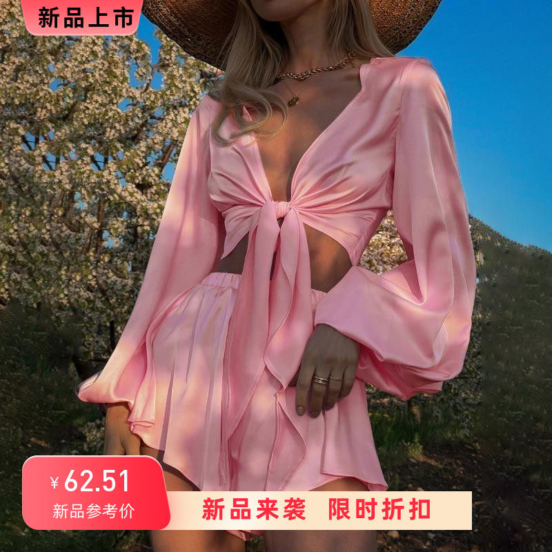 甜辣风套装长袖v领衬衫上衣女夏子高腰半身裙短裙两件套Casual se