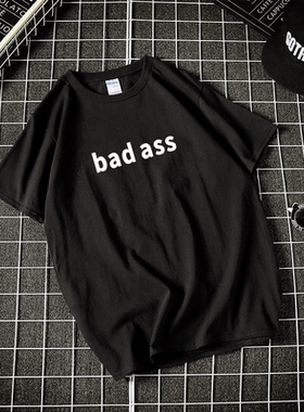 超牛气badass英文汉字中文T恤短袖大码圆领大码宽松男女情侣装 棉