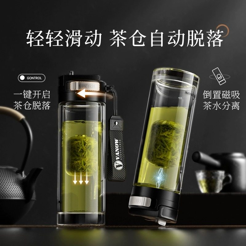 vanow新款茶水分离磁弹泡茶杯女耐高温双层隔热玻璃水杯子男图片