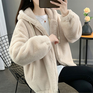 羊羔毛外套女2025秋冬新款仿懒兔毛皮草连帽宽松加厚保暖毛毛大衣