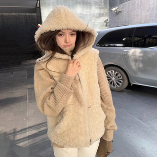 连帽马甲女款2025秋冬新款慵懒风韩系加厚保暖羊羔毛外套皮毛一体