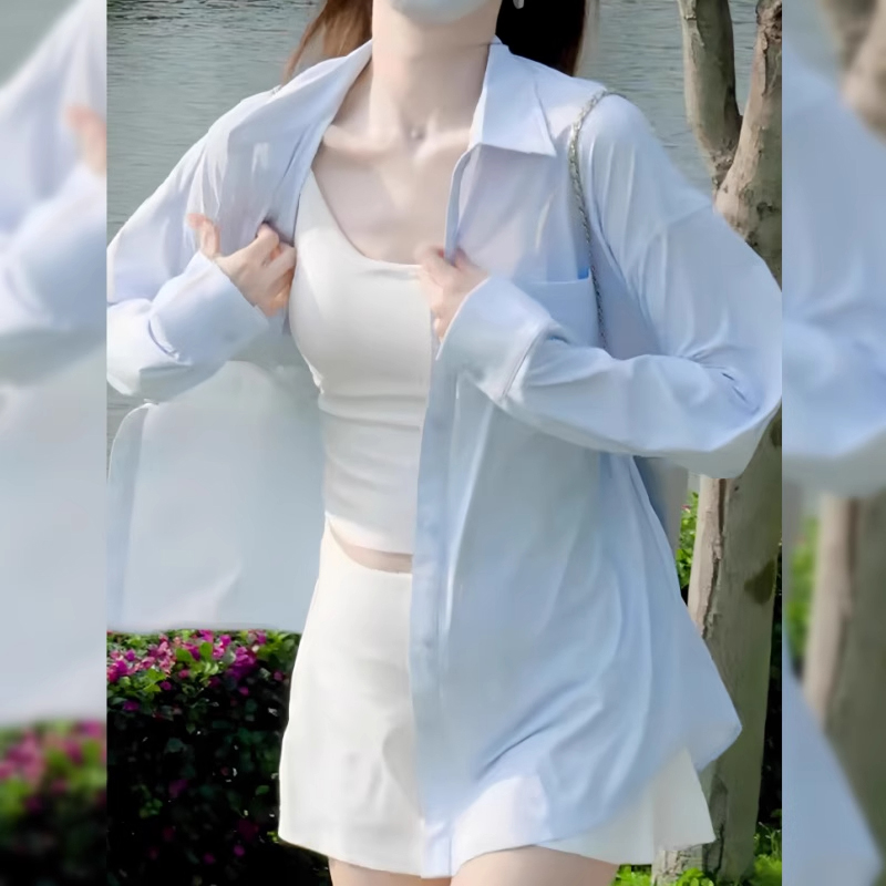 蓝色冰丝防晒衣衬衫女夏季新款