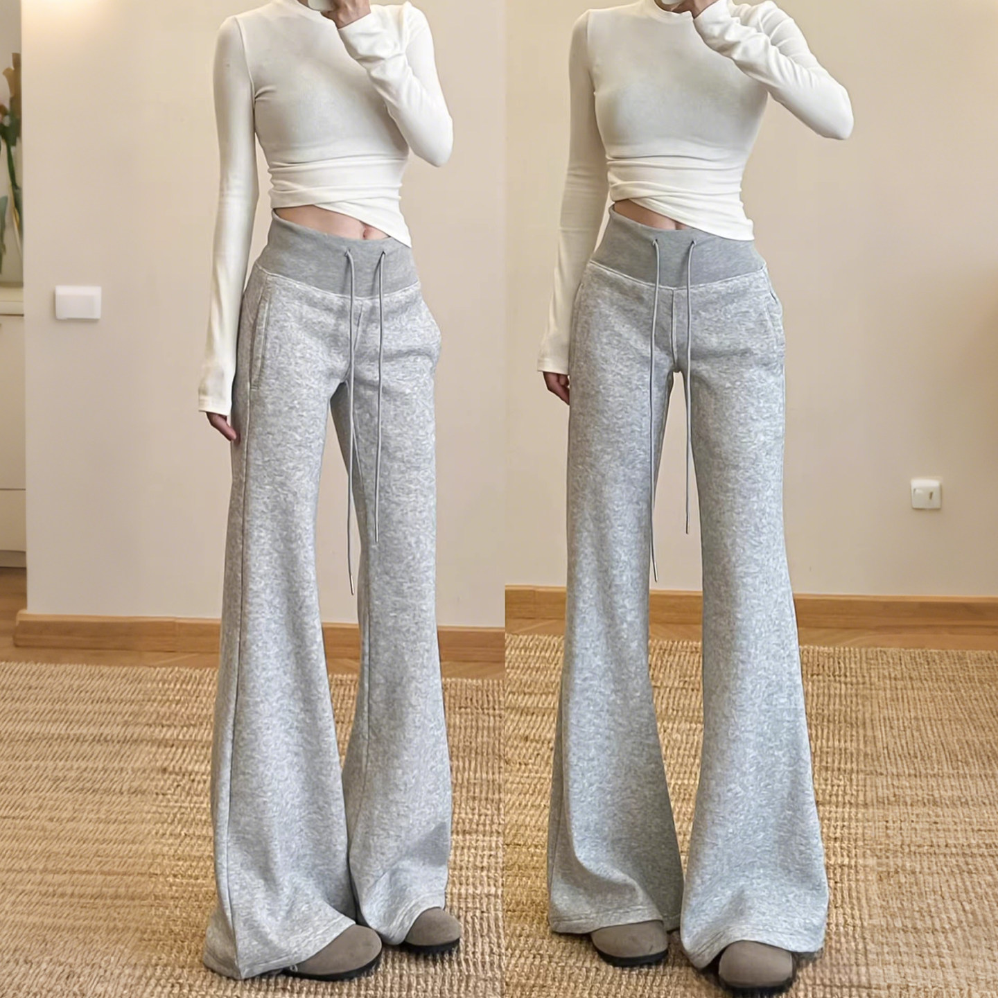 浅灰色运动微喇裤女春季2026新款美式休闲宽松显瘦喇叭裤加绒卫裤
