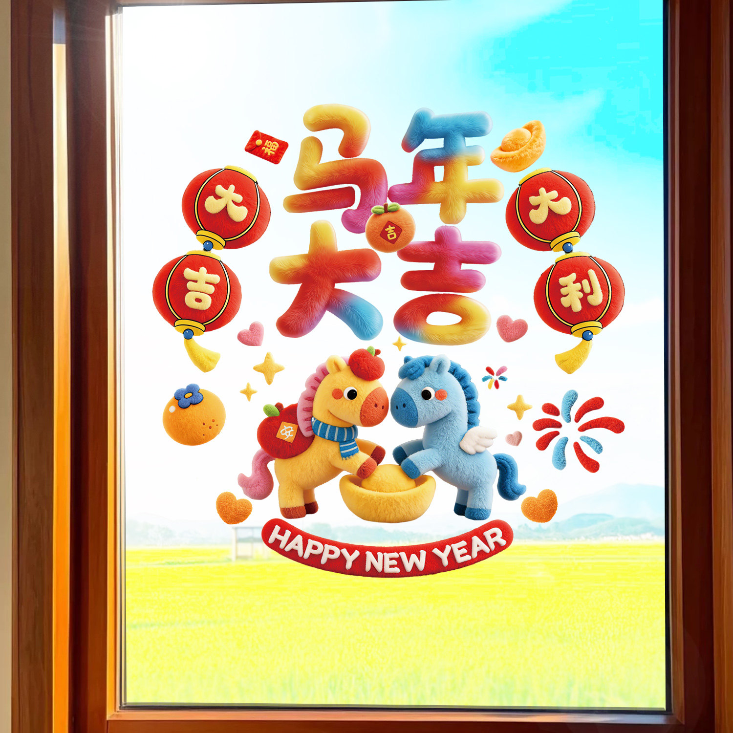 马年大吉福字静电窗贴春节装饰