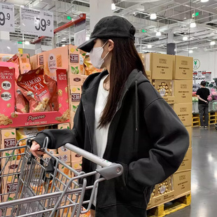 灰色加绒短外套女春秋季2025新款加厚卫衣美式宽松小个子开衫上衣