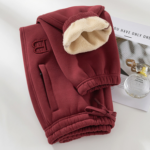 子 女士束脚宽松加绒保暖外穿灯笼卫裤 拉链口袋秋冬季 枣红色运动裤