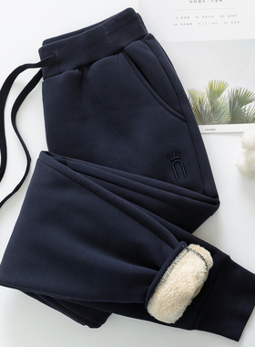 藏蓝色加绒卫裤女冬季加厚2025年新款小个子羊羔绒运动裤显瘦长裤
