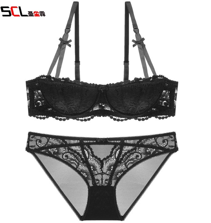 二分之一杯文胸红色文胸套装半杯半罩杯女生白色内衣蕾丝薄款欧美