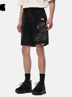 LNGx李宁联名 夏季新品 黑牛仔水洗泼墨刺绣时尚短裤