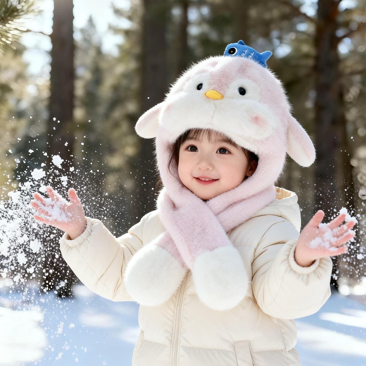 儿童可爱企鹅毛绒帽围巾一体