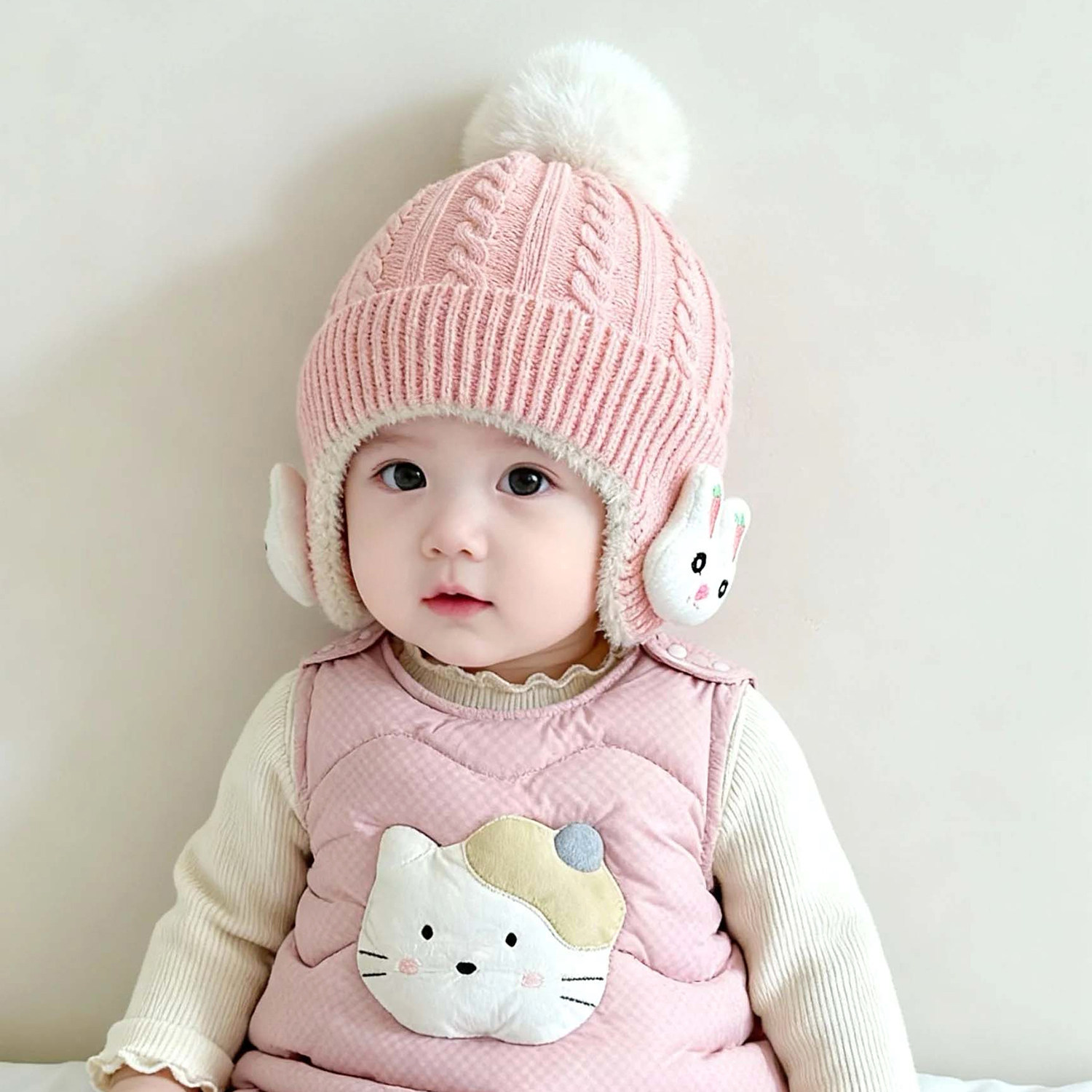 婴儿帽子秋冬款男女宝宝毛线帽可爱小兔针织帽加厚保暖护耳帽冬天