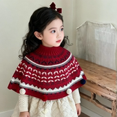 儿童针织毛线披风费尔岛风女童冬季 加厚保暖斗篷宝宝防风围巾洋气