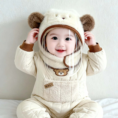 婴儿帽子围脖围巾一体防风防飞沫