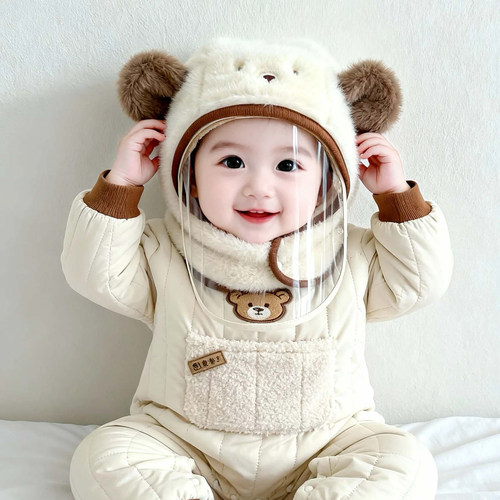 婴儿帽子围脖围巾一体防风防飞沫