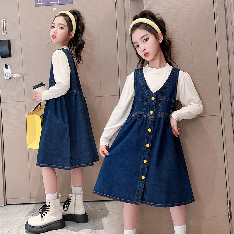 女童背带牛仔裙2023春秋季新款童装女大童韩版a字裙女孩休闲裙子