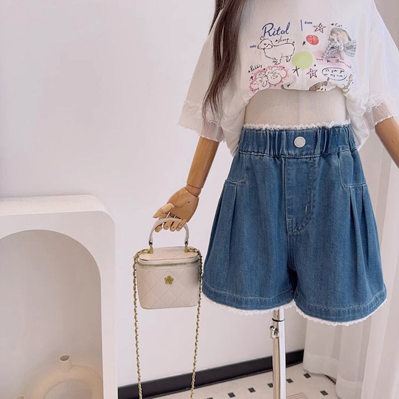 童装女童夏季新款中大童蘑菇绣花花边牛仔短裤儿童甜美百搭小热裤