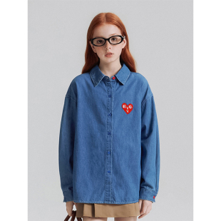 春秋季 新款 大童儿童洋气休闲翻领外套潮 女童爱心绣标牛仔衬衫 童装