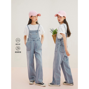 女童春秋季新款童装百搭收腰牛仔背带裤中大童韩版宽松女孩背背裤