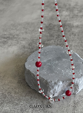 新中式红色复古水晶项链轻奢简约设计感甜美气质感百搭锁骨链